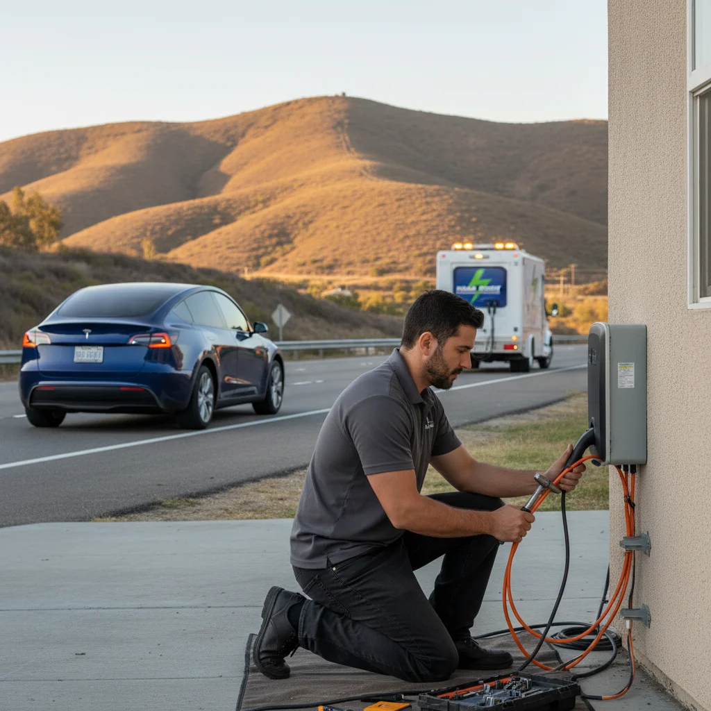 A stalled electric car on a highway shoulder while a van connects a charging cable to the port.