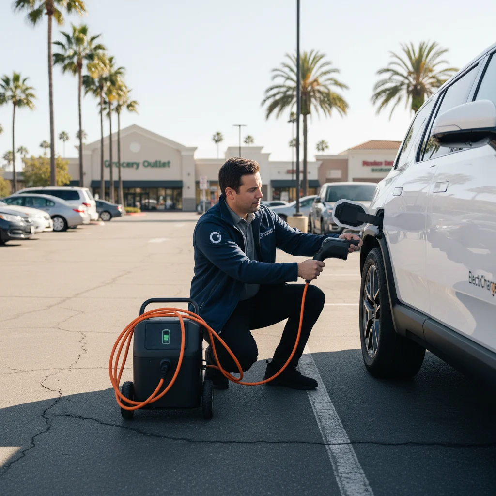 A technician connecting a portable charger to an EV parked in a paved lot.