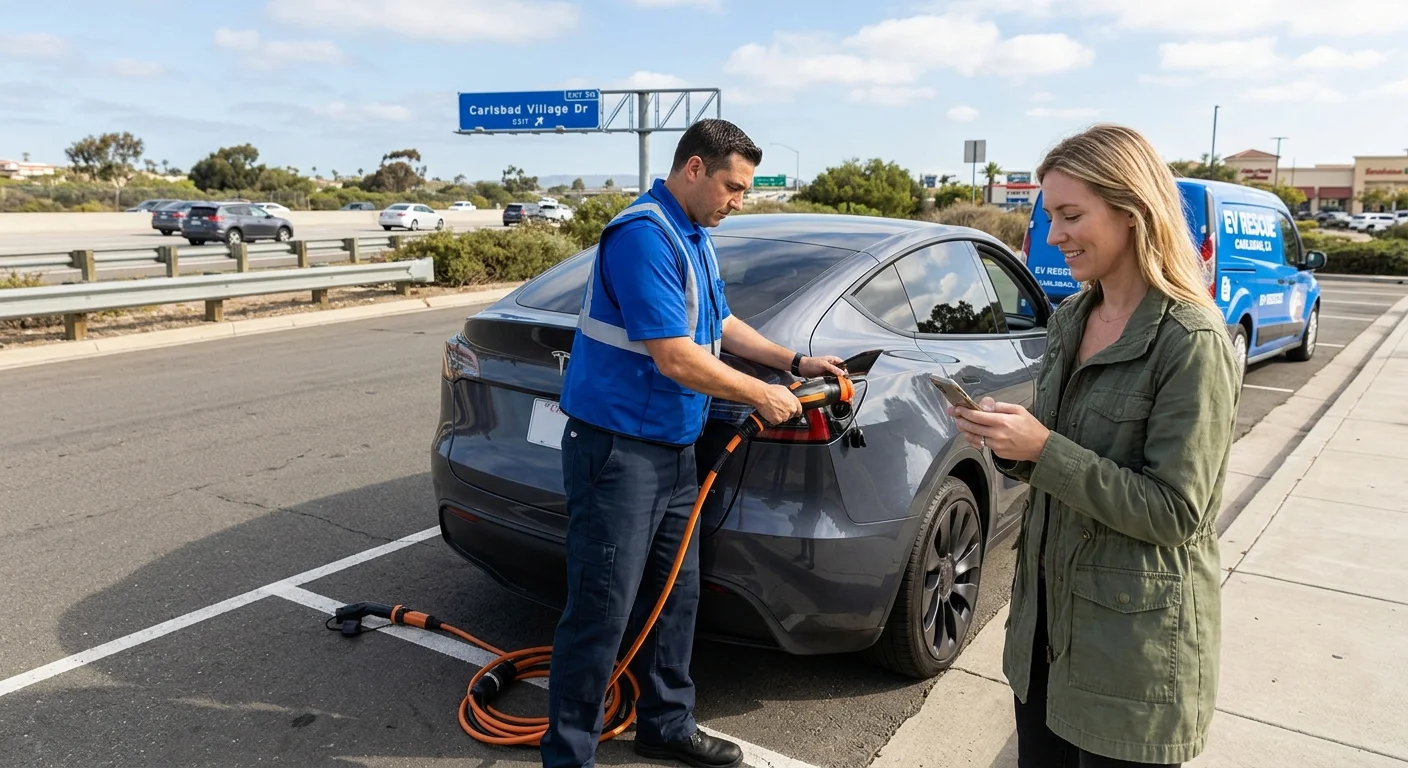 An electric vehicle parked on a roadside shoulder with hazard lights on