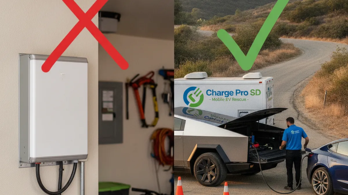 Split view of a wall-mounted home battery marked with an X and a mobile charging truck helping a stalled electric car