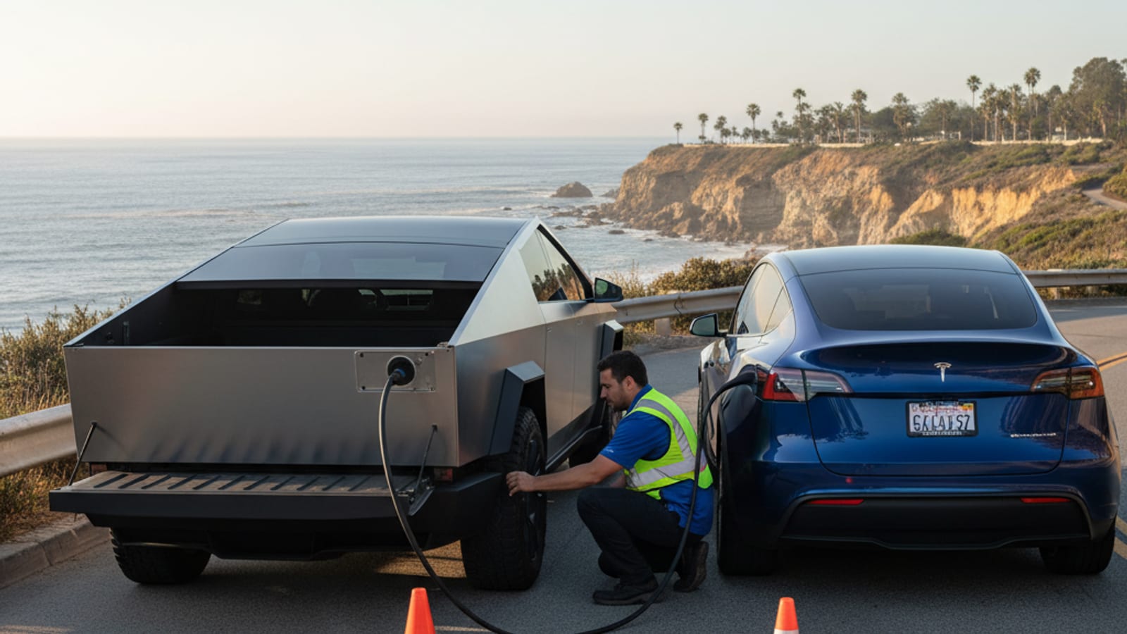 A mobile charging van parked beside an electric car on a paved shoulder