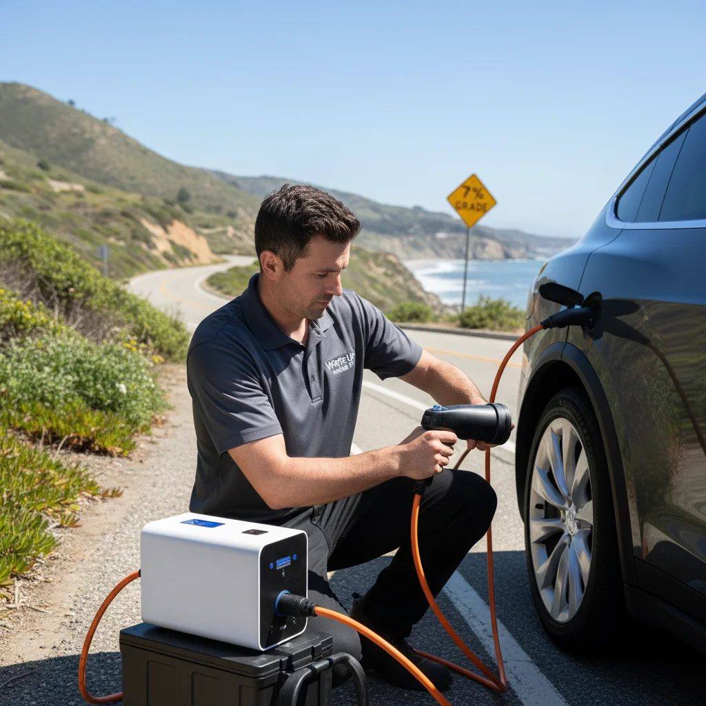 A charging cable plugged into an electric car at a roadside curb