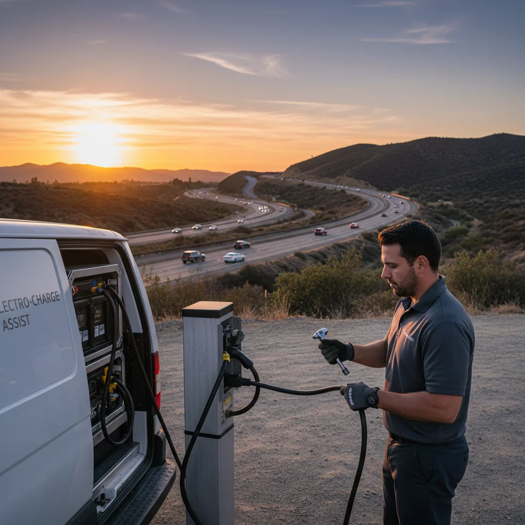 An electric car stopped on a paved shoulder as a mobile charging van approaches from behind