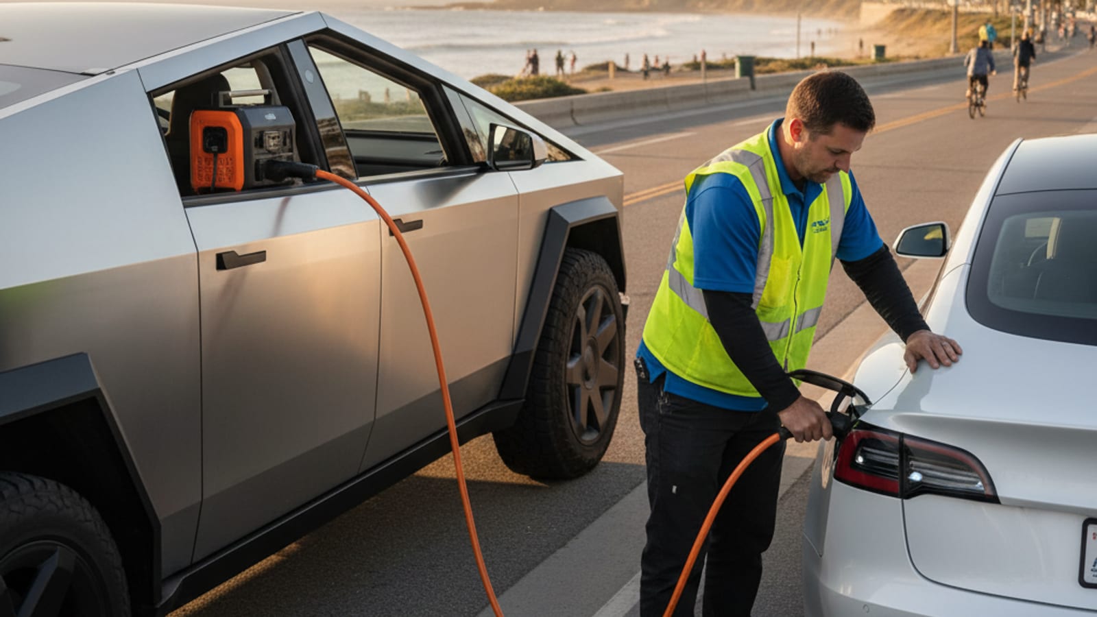 Stopped electric car on a paved shoulder with a person waiting by the door