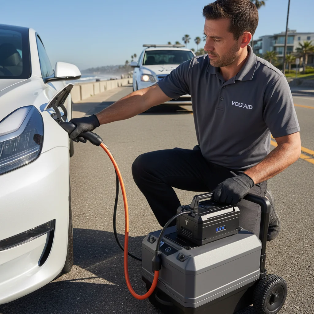 Charging cable plugged into an electric vehicle in a paved parking lot