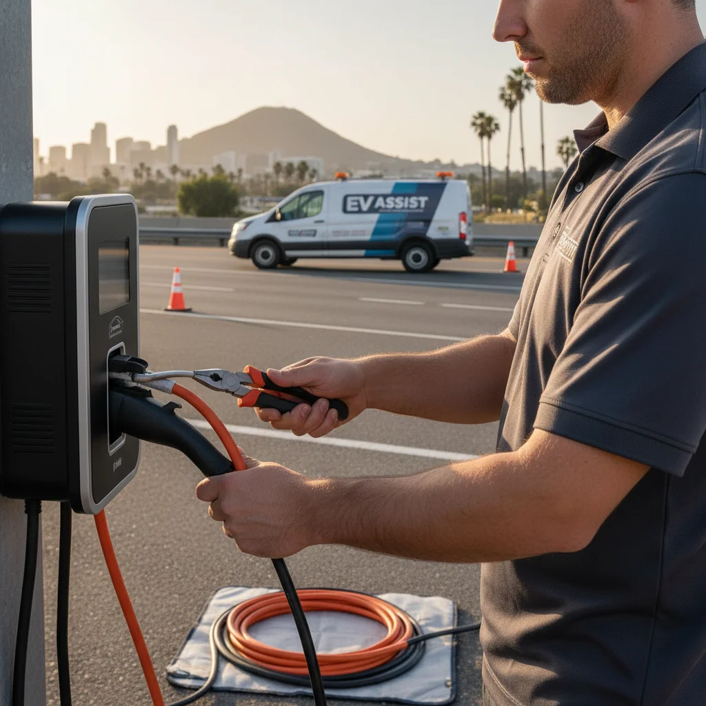Technician plugging a portable charger into an electric SUV at the roadside