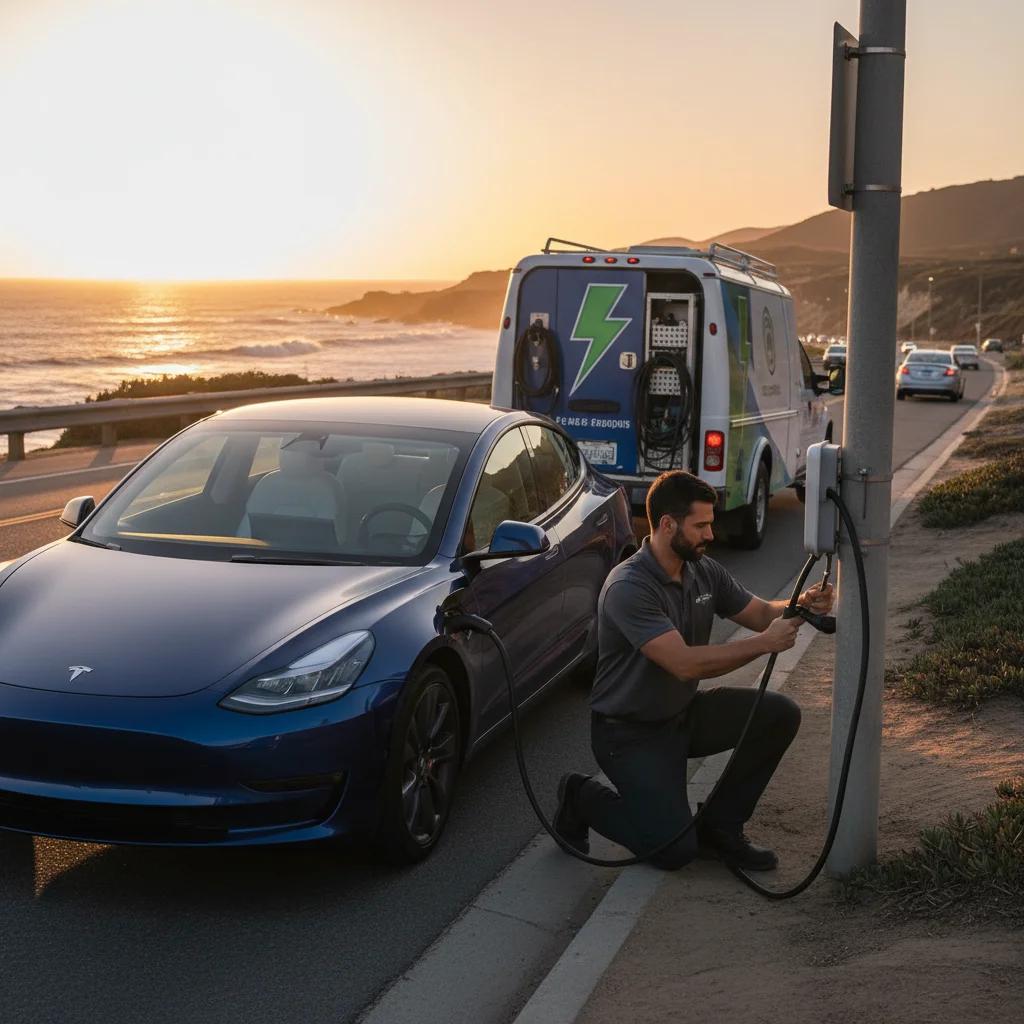 White sedan parked at a curb as a mobile charging van pulls up behind it