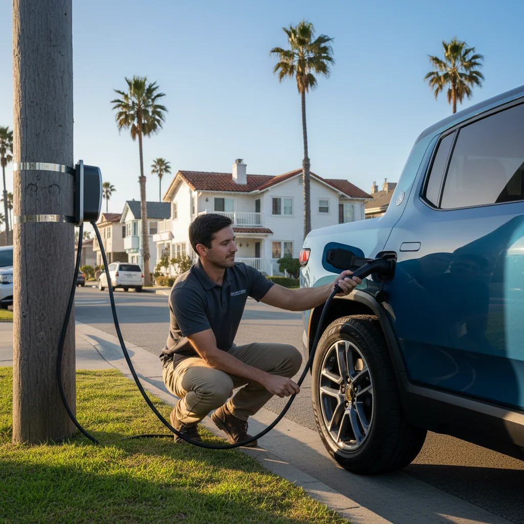 Technician connecting a charging cable to an electric SUV on a residential street