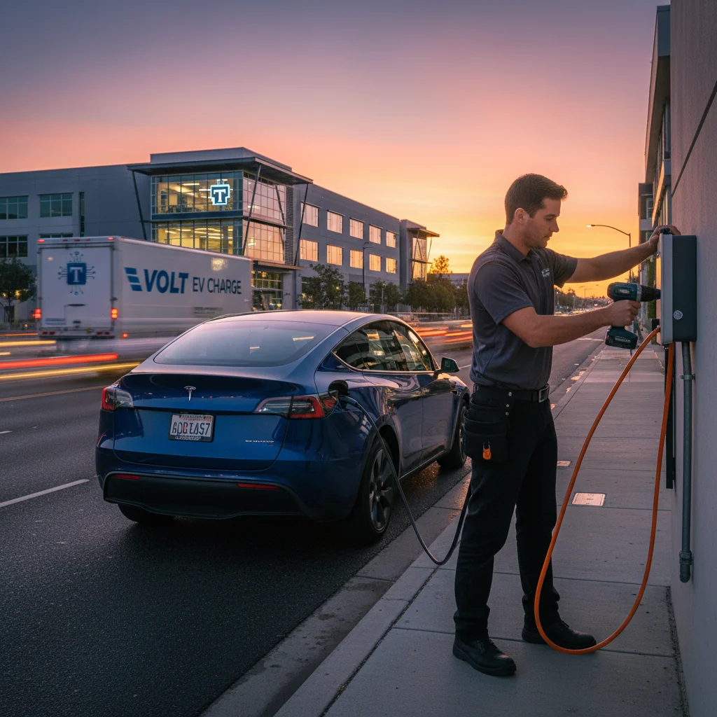 Electric car stopped at dusk on a roadside with hazard lights on