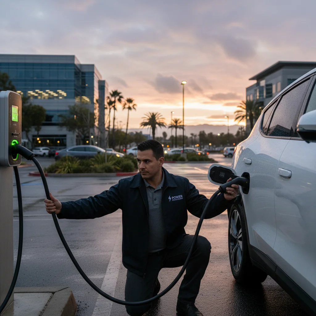 Technician connecting a portable charger to an EV in a crowded parking lot
