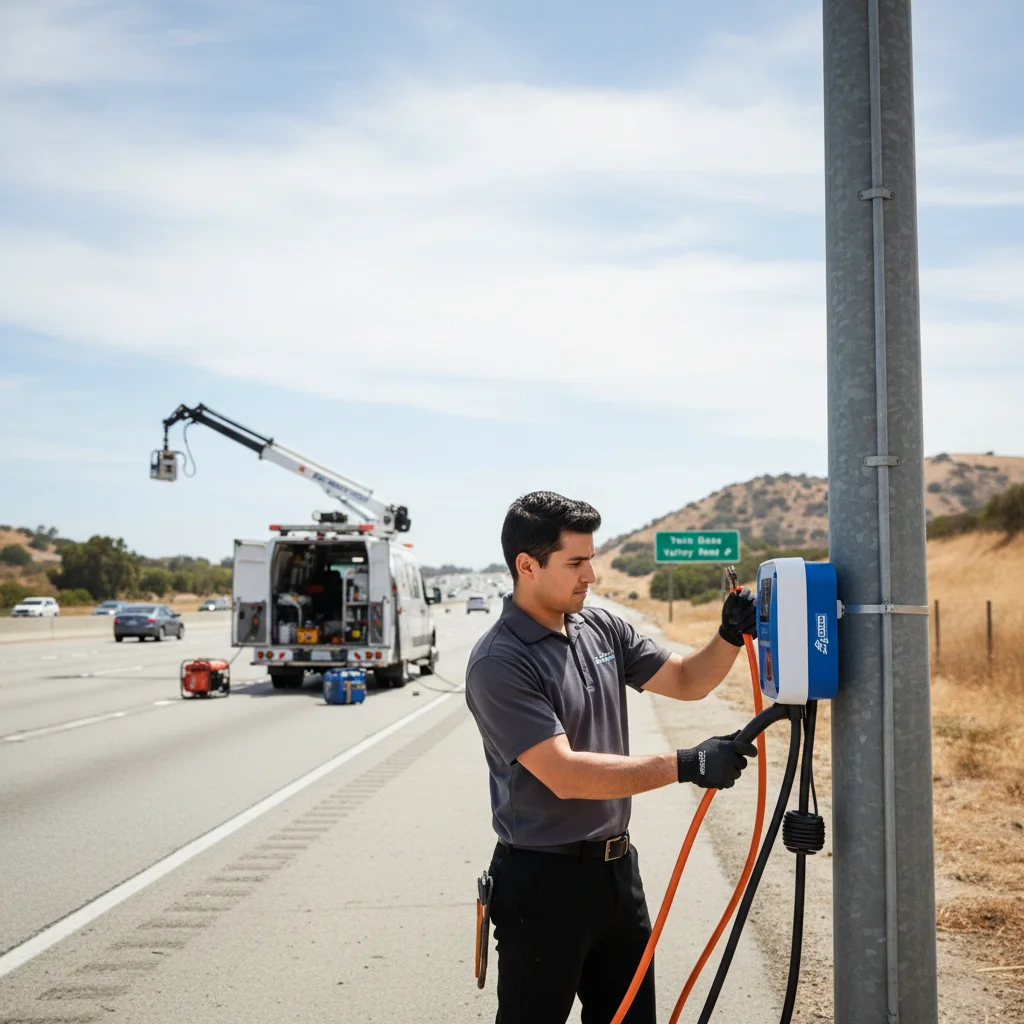 Electric sedan stopped on a paved highway shoulder with hazard lights on