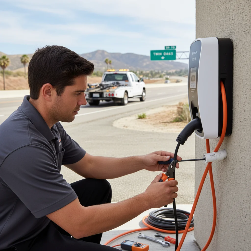 Technician plugging a portable charge cable into an EV on a residential street