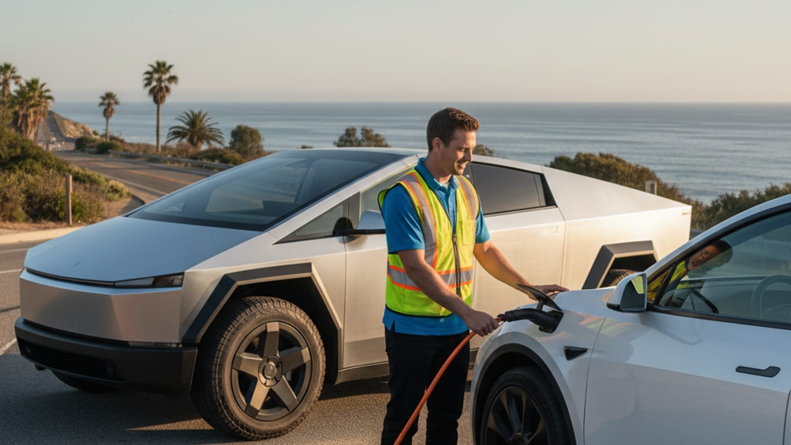 Electric car on a paved shoulder at dusk with hazard lights glowing