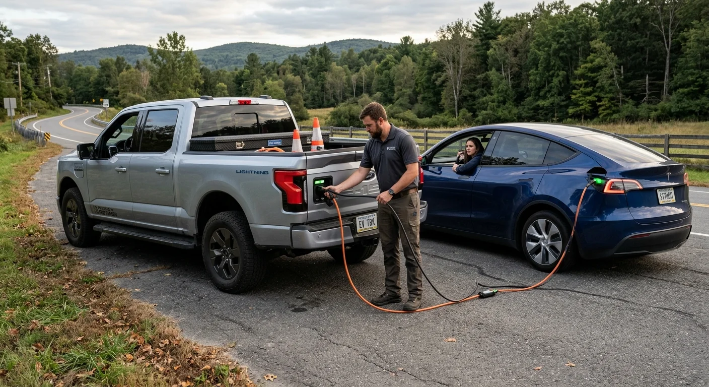 Electric pickup in a paved lot with a charging cable plugged into the front port