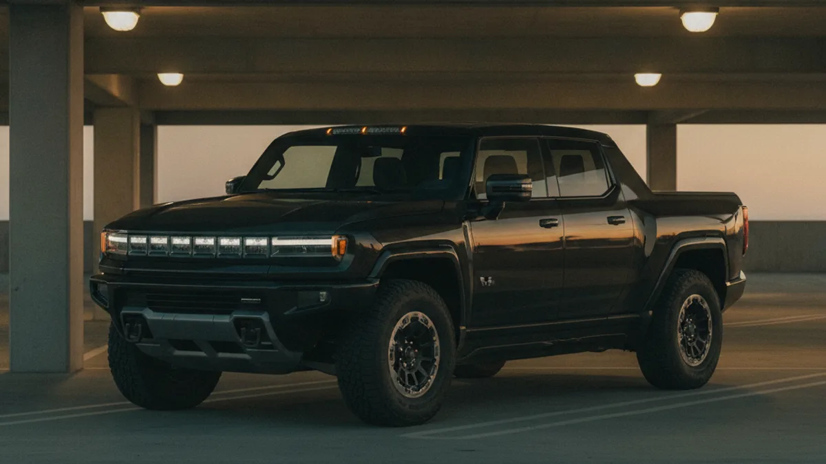 A large electric pickup parked in a dim garage with a dark, unlit cabin and closed doors.