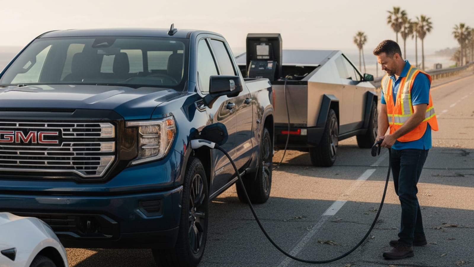 Pickup truck on a paved shoulder with hazard lights on and a cable at the charge port