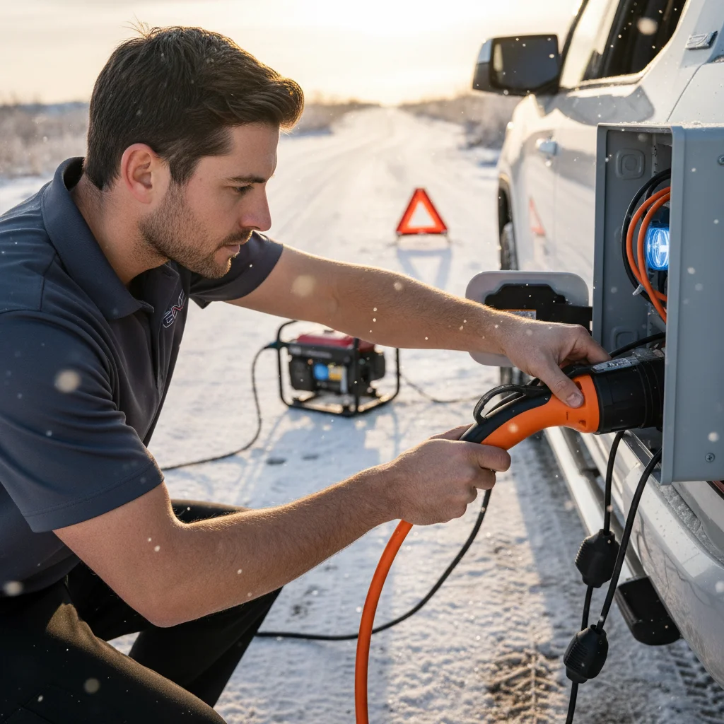 Roadside van beside a pickup with a charging cable connected to the truck