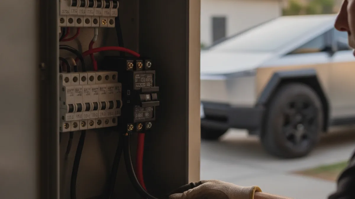 An electrician's hands inside an open home electrical panel, with a 240-volt breaker visible