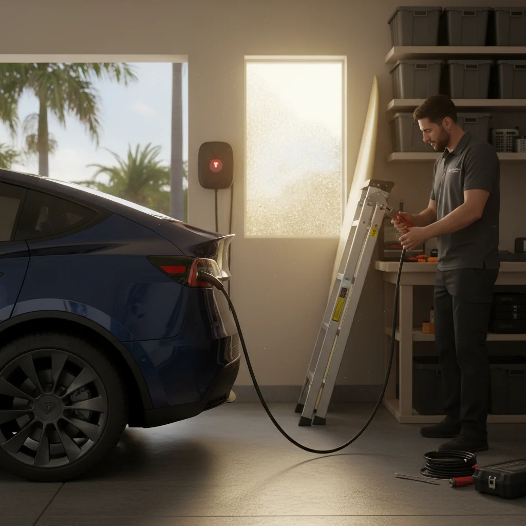 A charging cable plugged into an EV beside a parked mobile rescue van