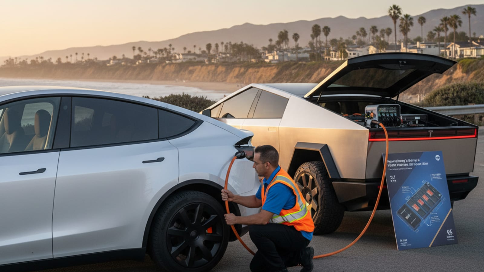An electric SUV parked on a paved roadside shoulder with its charge port door open