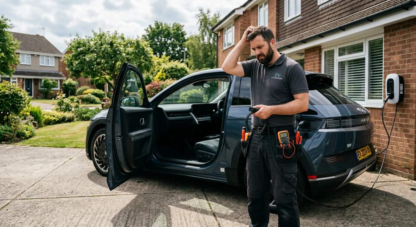 A Hyundai Ioniq 5 with a dark dashboard parked in a driveway, driver door open