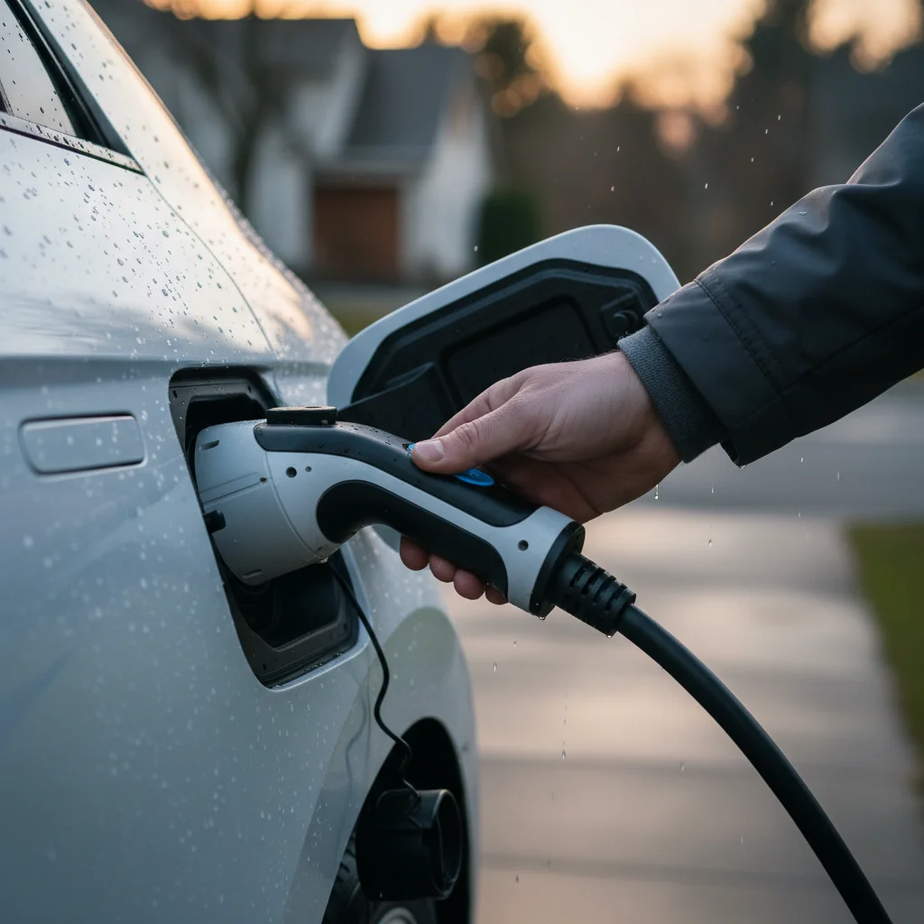 A hand holding a charging connector at a vehicle port with raindrops on the paint