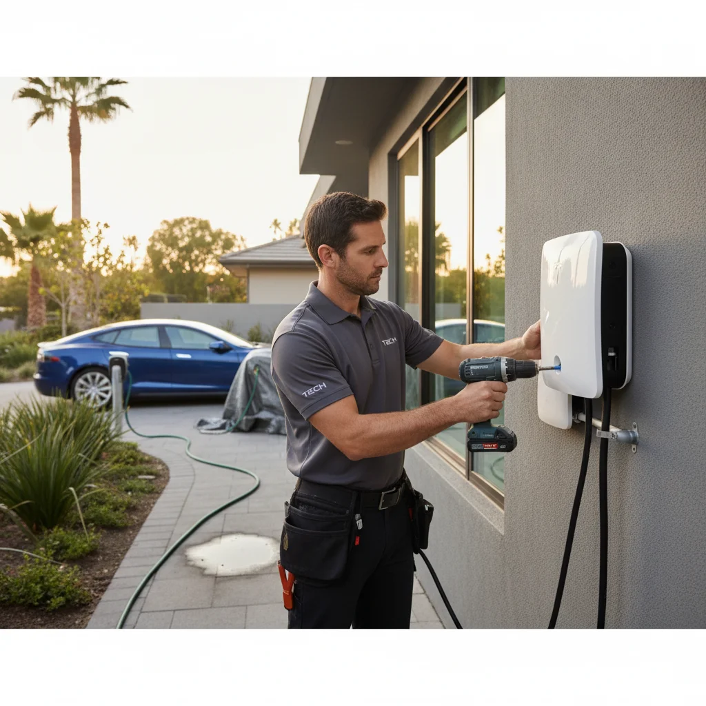 A Tesla on a paved shoulder with a technician standing at the charge port