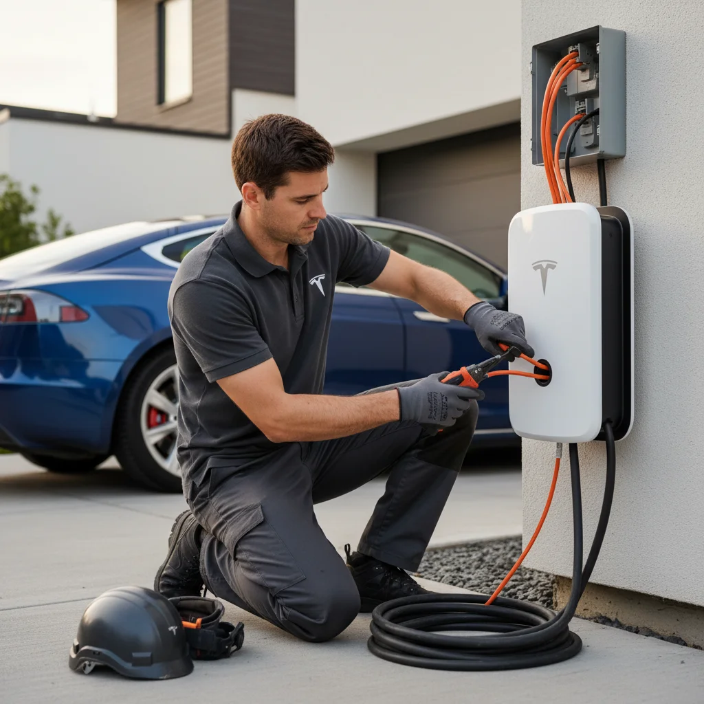 Charging cable connected to an electric car on a roadside shoulder in daylight