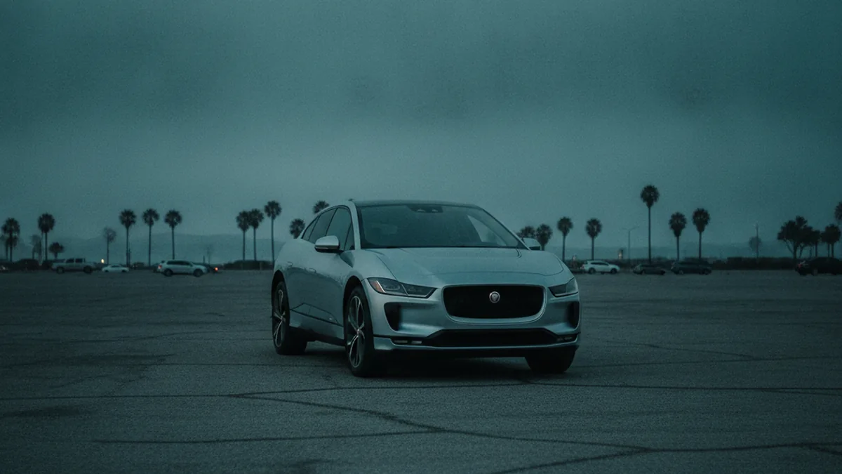 A Jaguar I-Pace in a dim parking garage with a dark dashboard, showing a car that will not wake