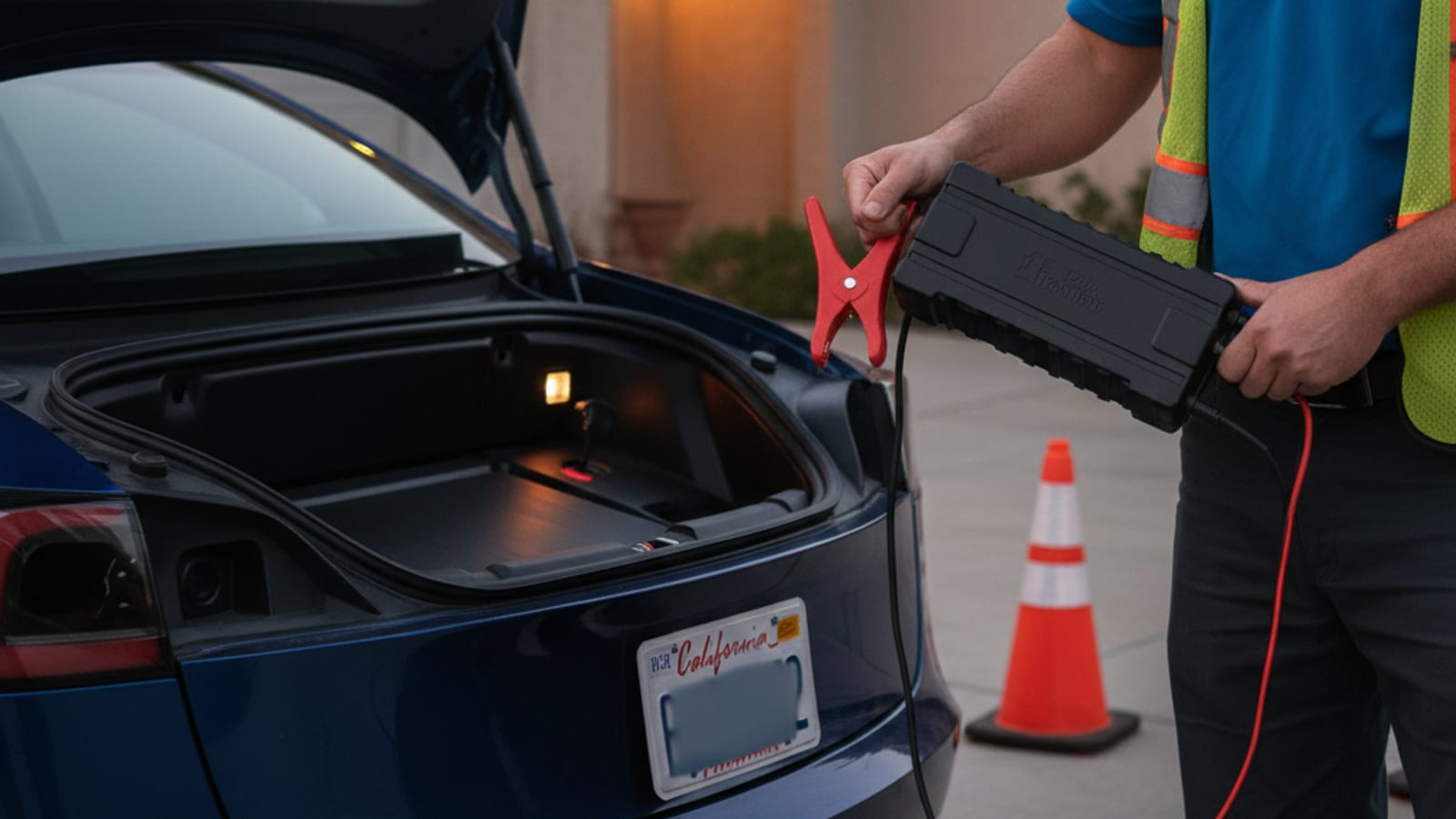Portable lithium jump pack and jumper leads set beside an EV with the front compartment open