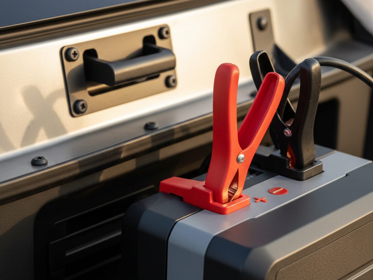 Red and black jumper leads clipped to a labeled lithium jump pack on the roadside