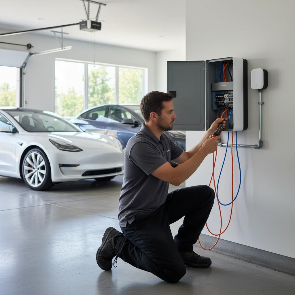 Tesla with the front bumper cover off and jump posts visible next to a portable pack