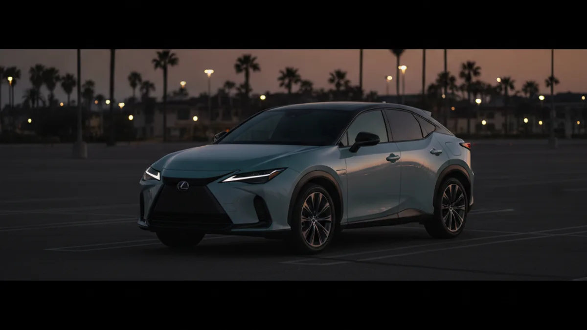 Lexus RZ parked in a dim garage with a dark dashboard and no interior lights