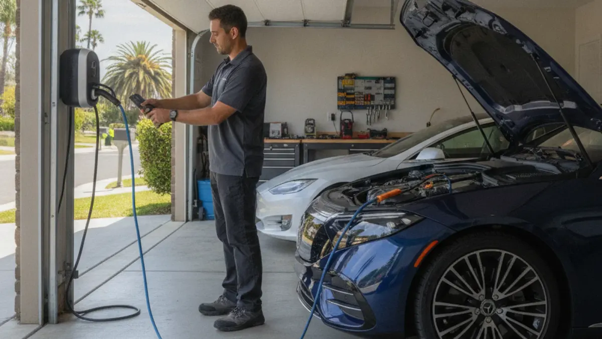 A silver Mercedes EQE with its hood open while a technician attaches jump cables to underhood terminals in a parking garage.