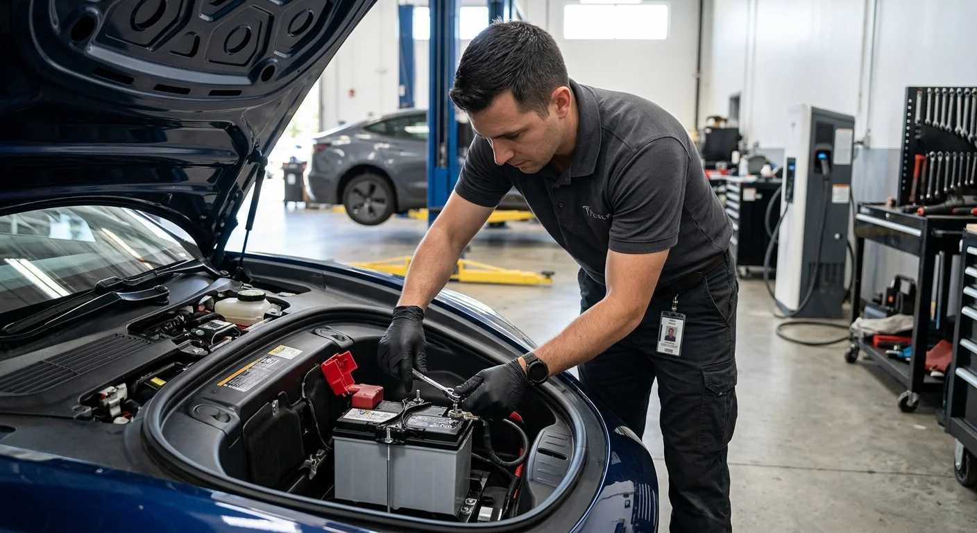 Mobile EV rescue technician connecting jump cables to a luxury electric sedan's underhood jump terminals in a parking garage.
