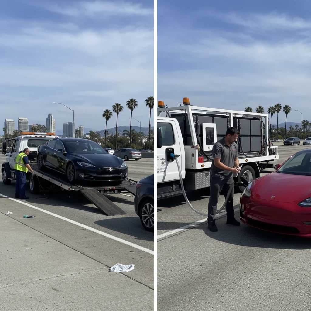 Split view of a flatbed loading an electric car and a mobile charger plugged into an EV on a roadside shoulder