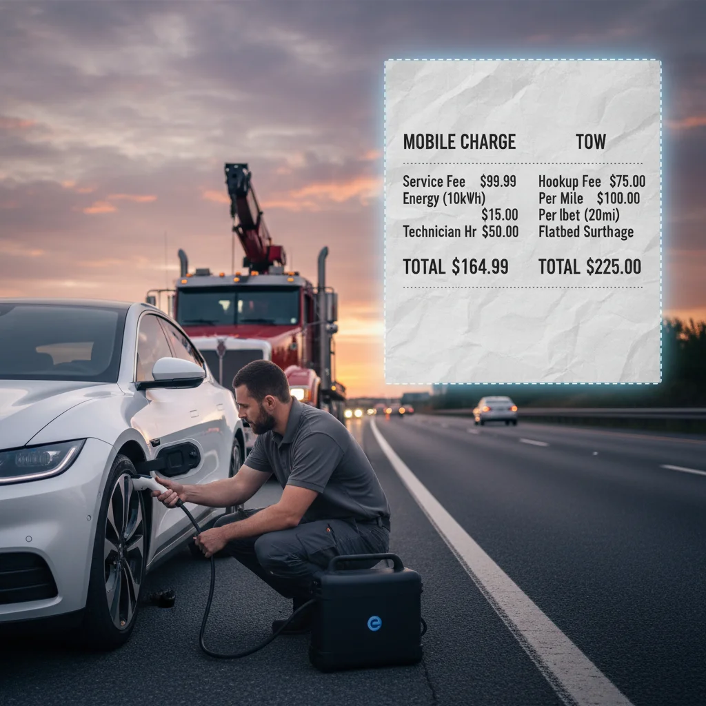 Two invoice columns comparing a mobile charge and a tow beside a stalled EV on a shoulder