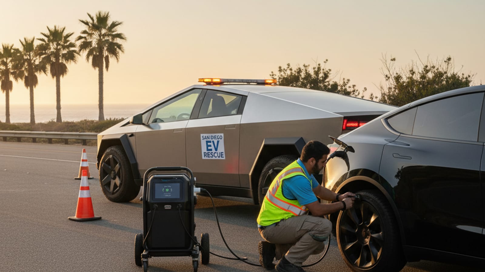Electric car on a paved shoulder with a charging cable plugged into the charge port