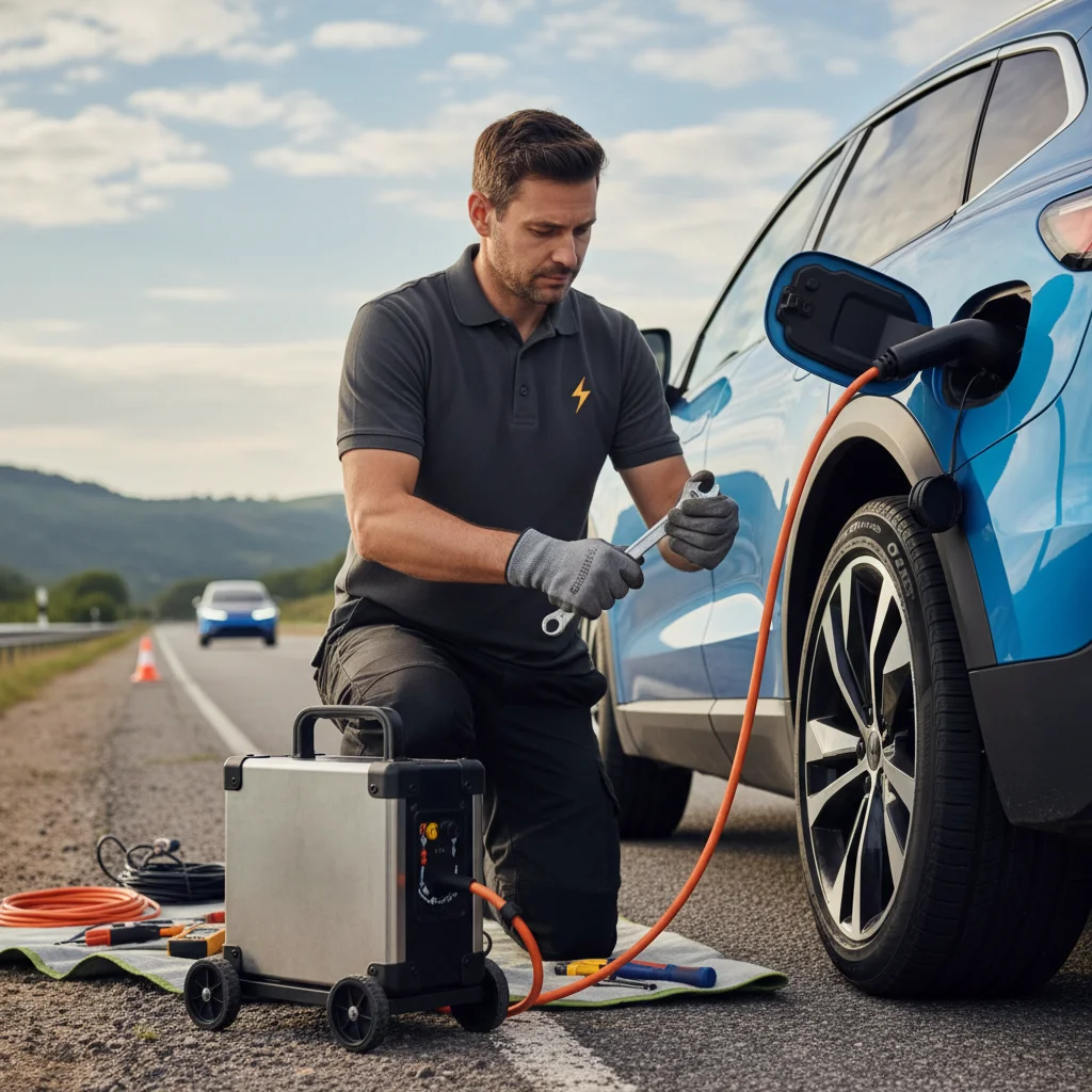 Level 2 charging plug held at an EV charge port beside a roadside rescue truck