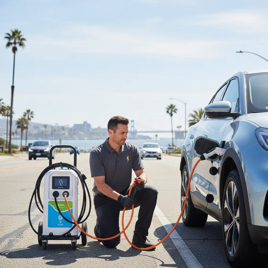 A mobile rescue van parked beside a stranded electric car in a parking lot, charge cable connected to the port.