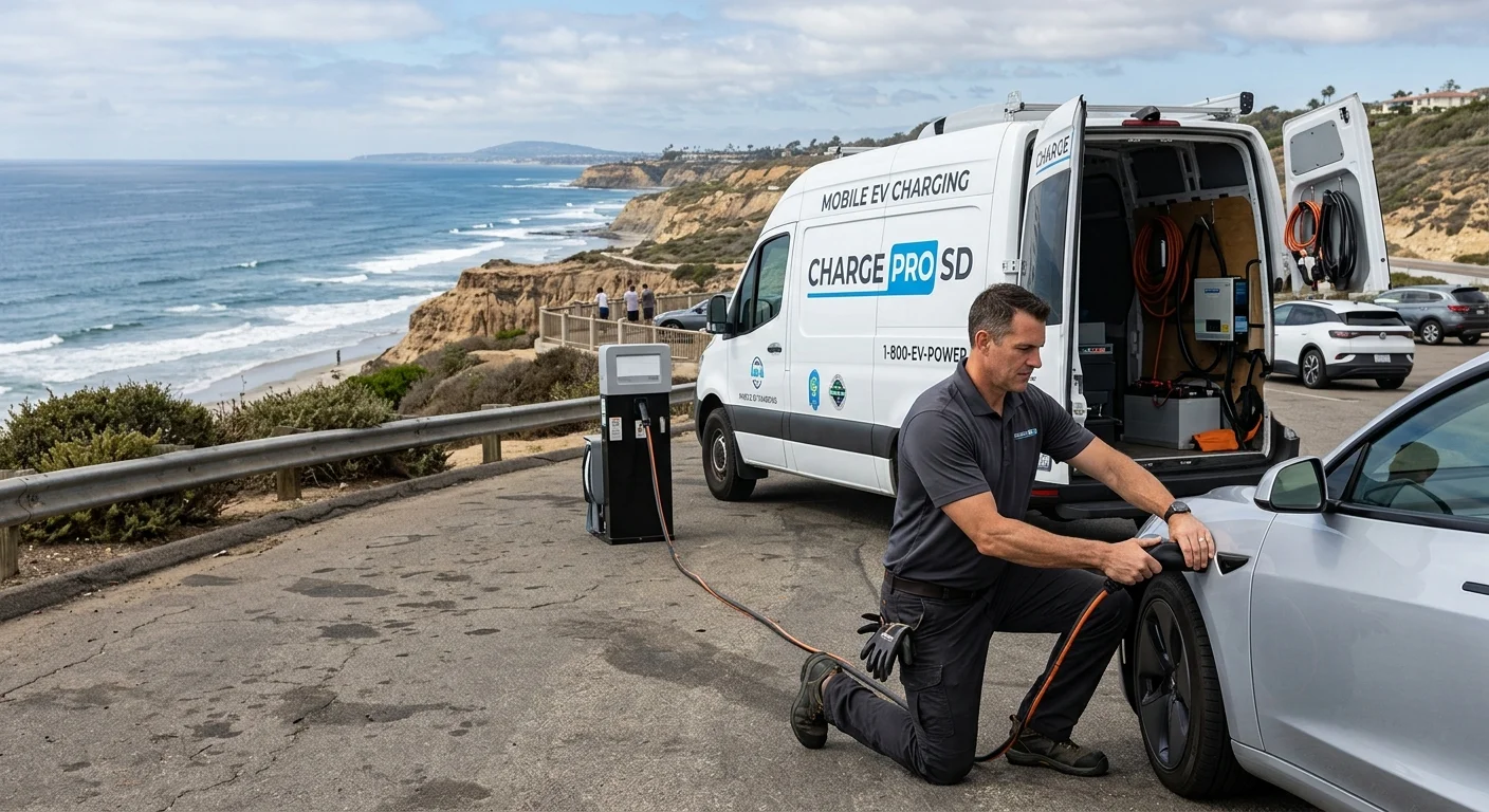 A mobile charging van plugged into an EV on a paved lot