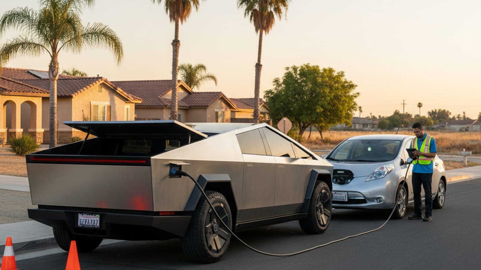 A dark EV on a paved shoulder with a mobile charging van parked behind it
