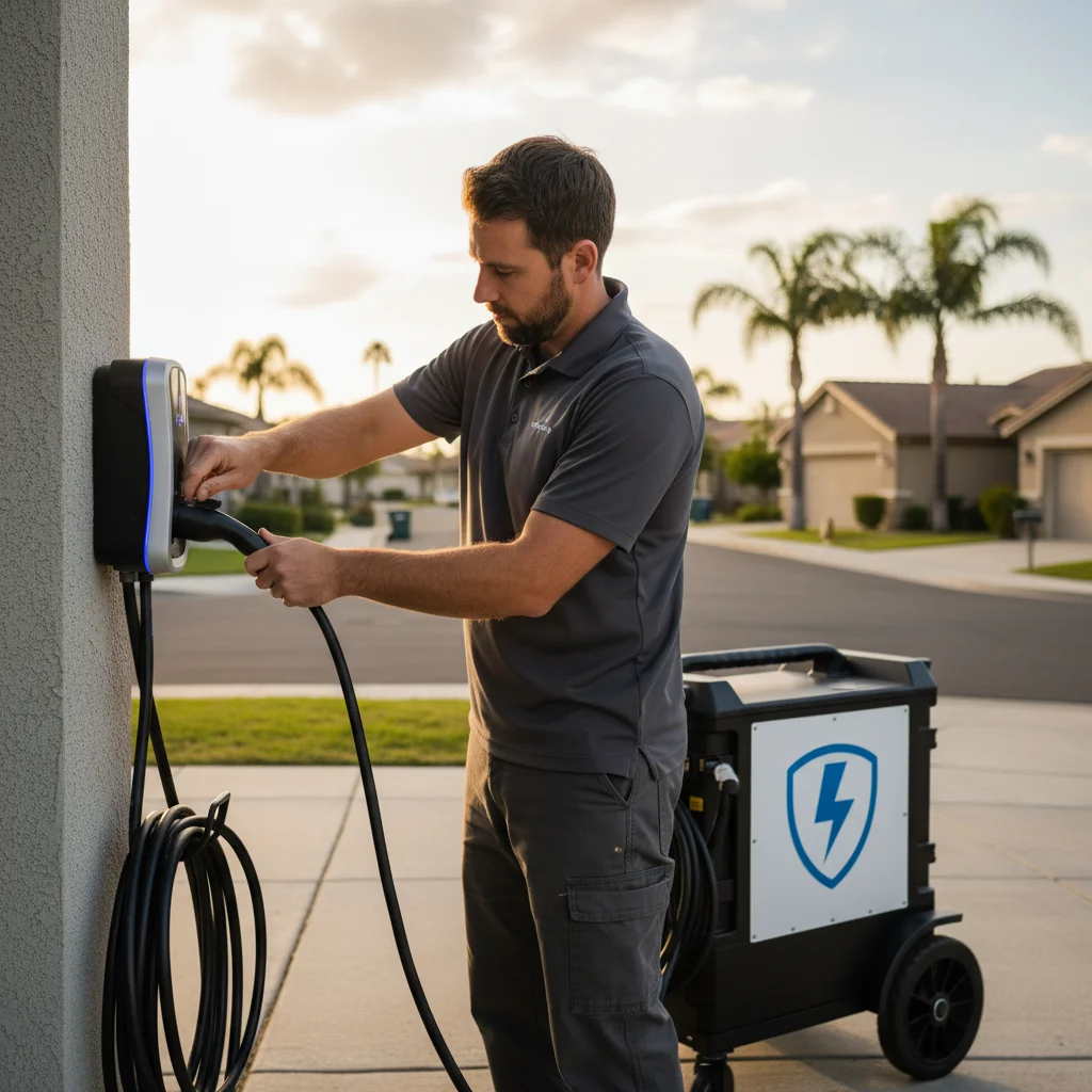 Close view of a charging cable locked into an EV port at the curb