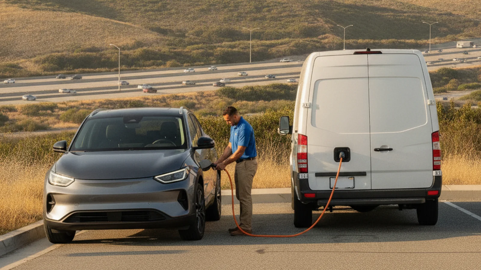 An electric vehicle stopped on a highway shoulder with hazard lights on