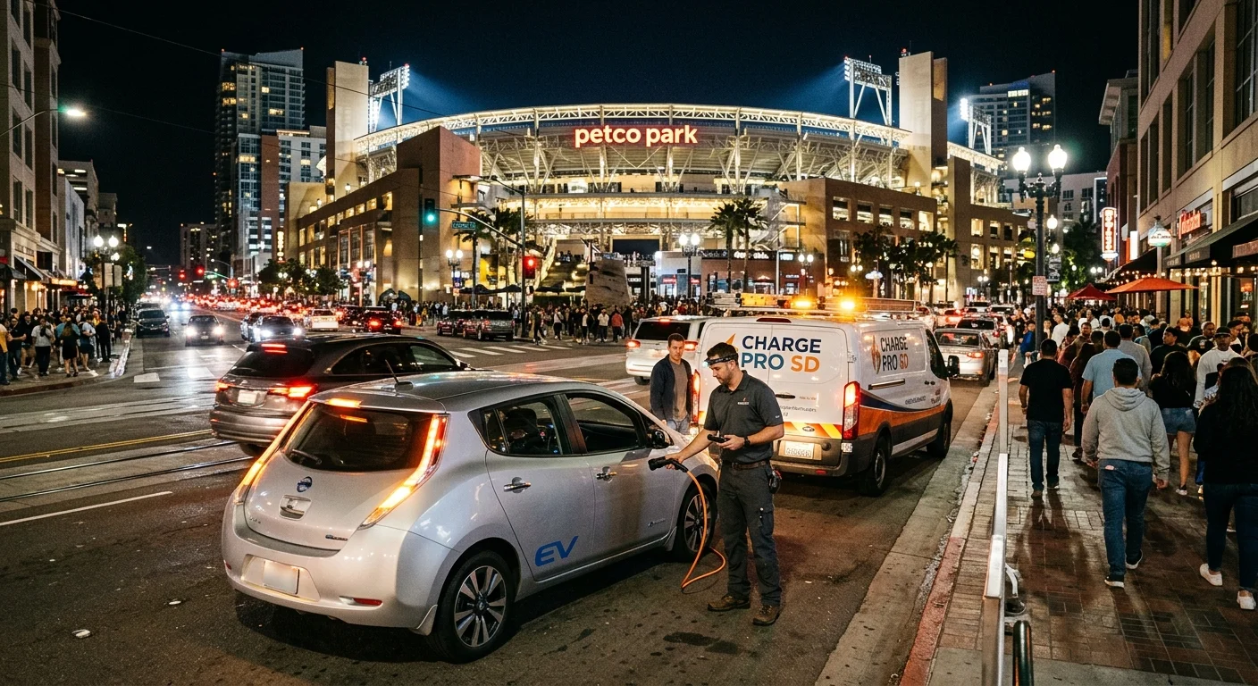 A dark electric car with hazard lights on in a packed night lot as a mobile charging van pulls up beside it