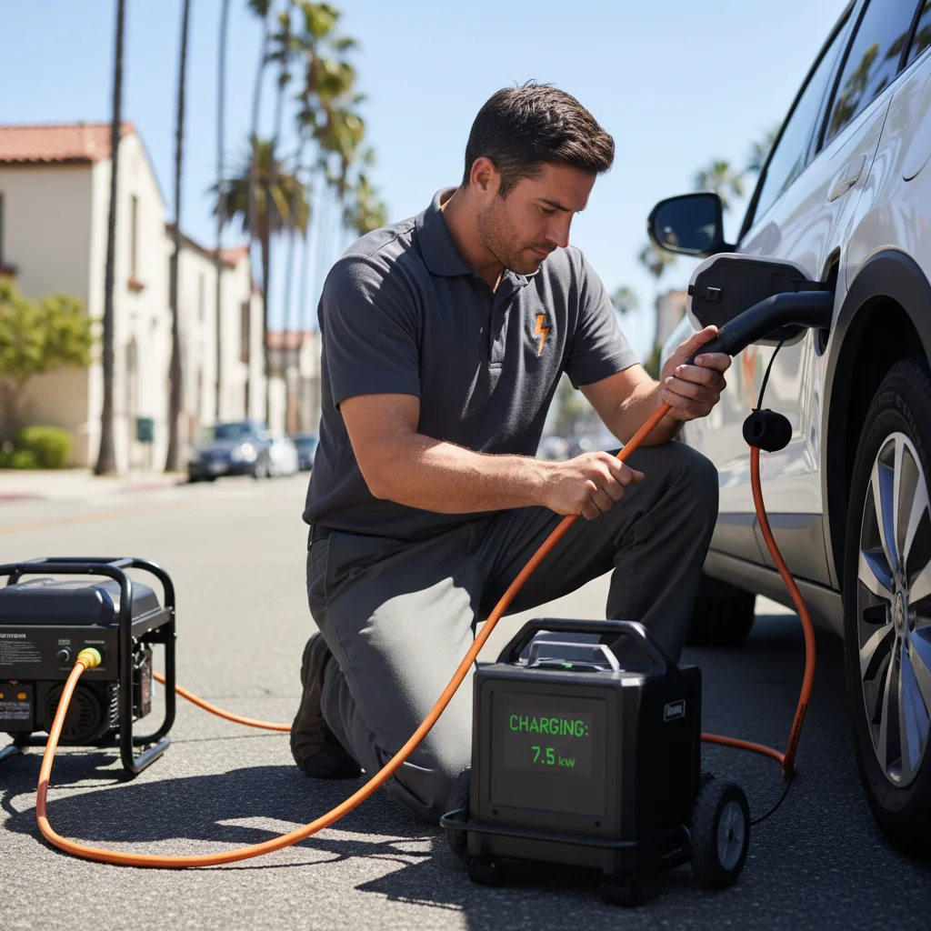 Charging cable plugged into an EV port beside a rescue van at the curb