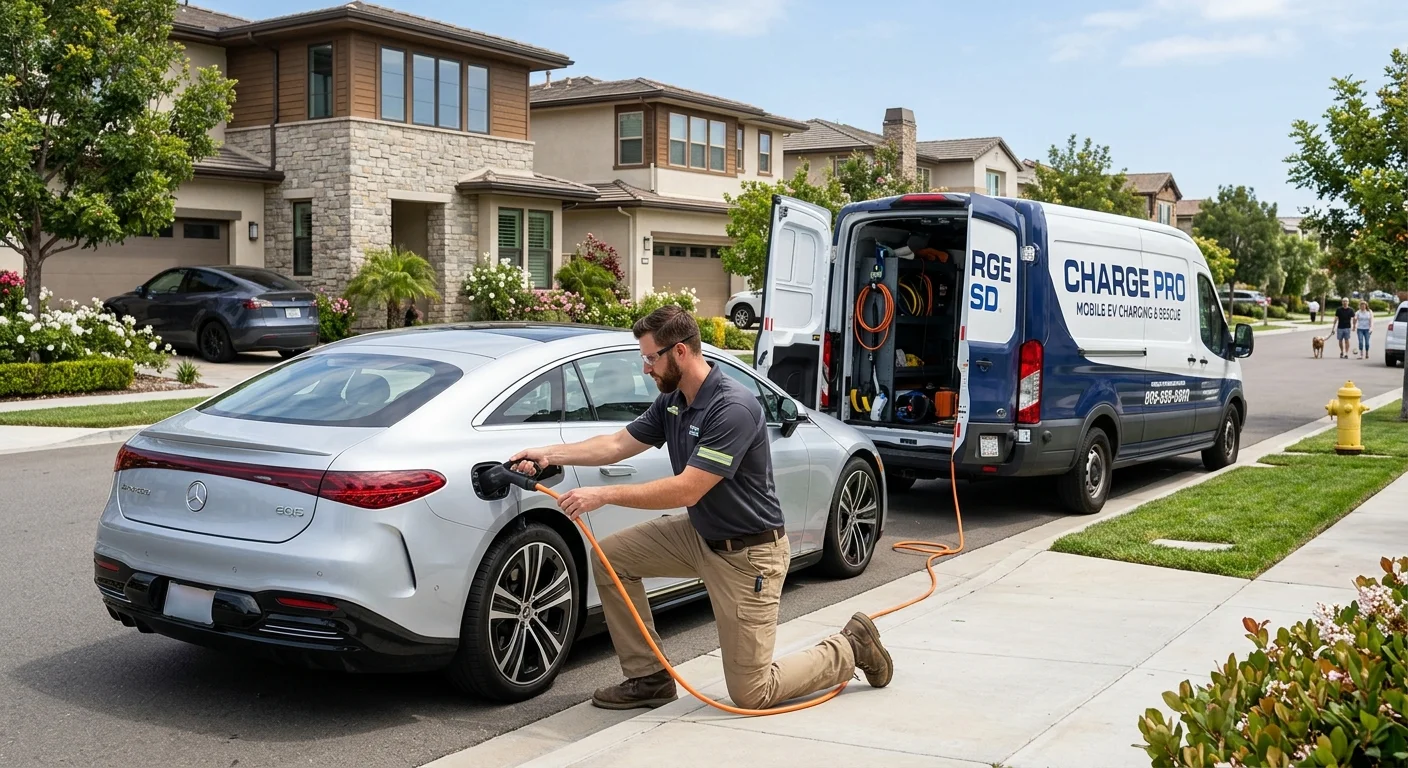 A rescue van parked beside an EV in a shopping-center lot, charging cable connected