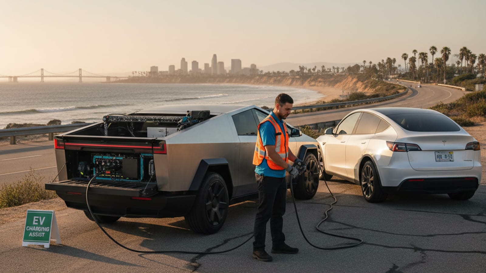 A roadside worker plugs a charging cable into an electric car on a paved shoulder