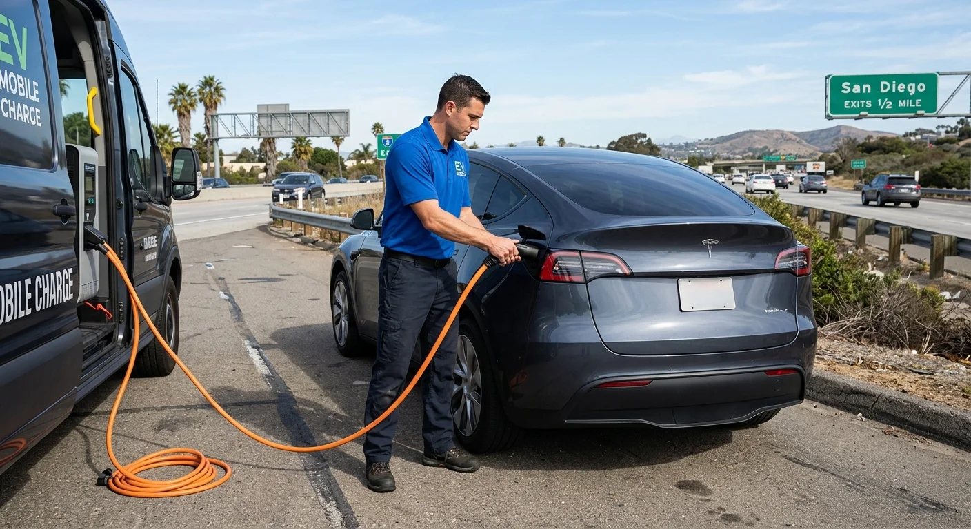 A Tesla parked on a roadside shoulder while the driver checks a phone for charging help