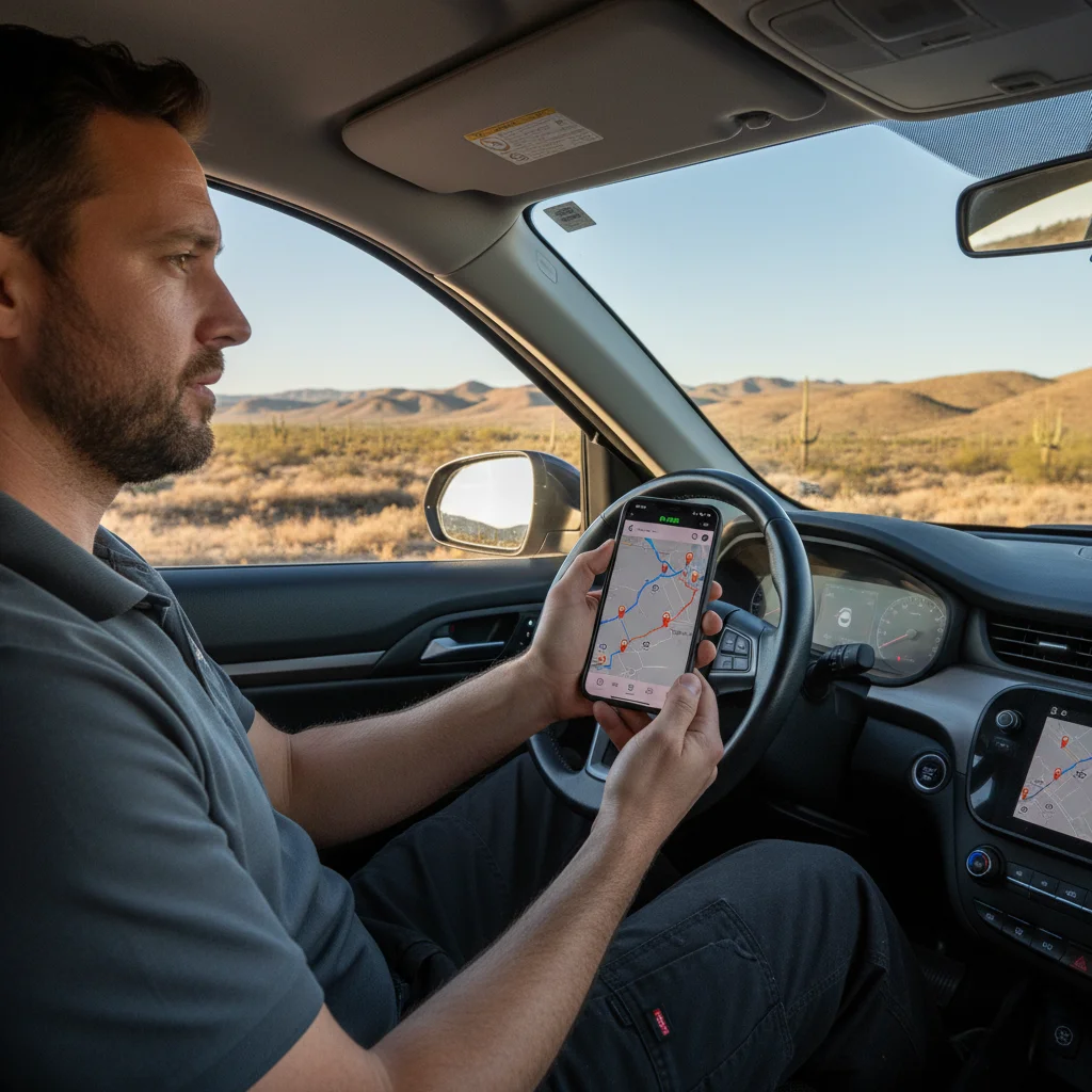 Driver standing by a stopped EV on a highway shoulder checking a phone